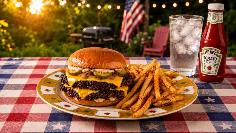 Sour Cream and Onion Smash Cheeseburger with seasoned fries on a patriotic table setting
